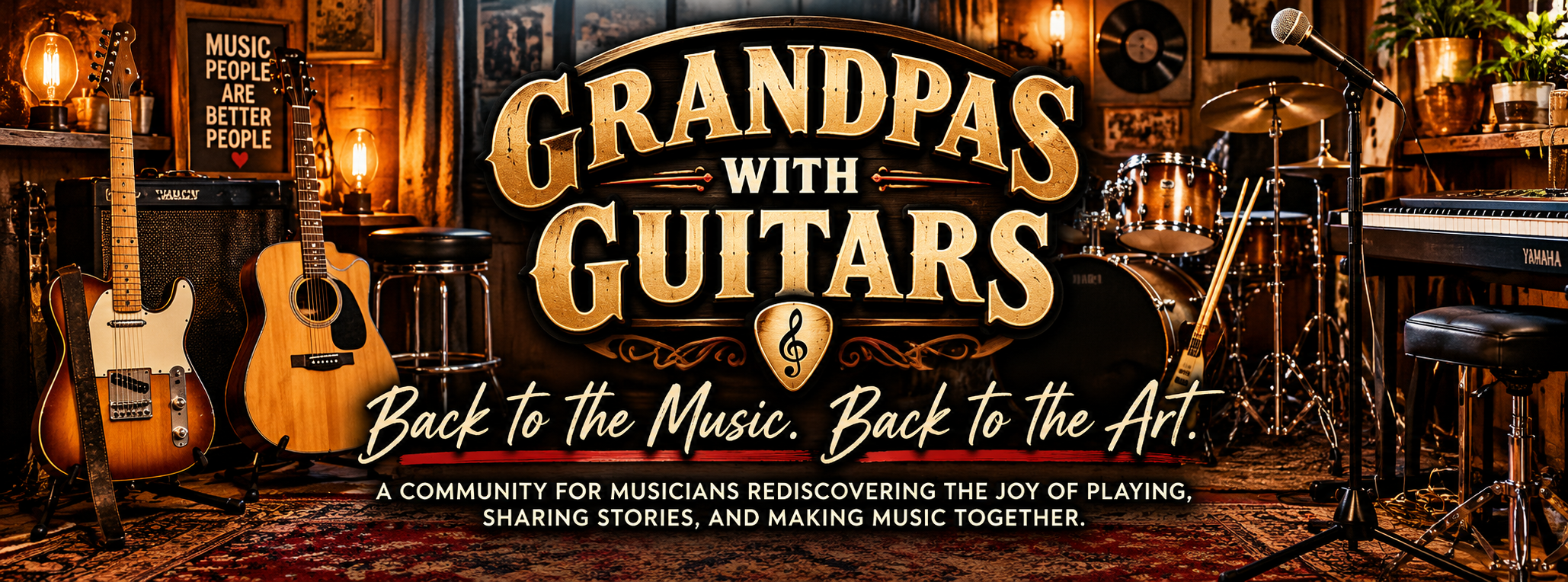 Grandpas With Guitars — Back to the Music. Back to the Art. A welcoming music room filled with guitars, drums, and keyboards.